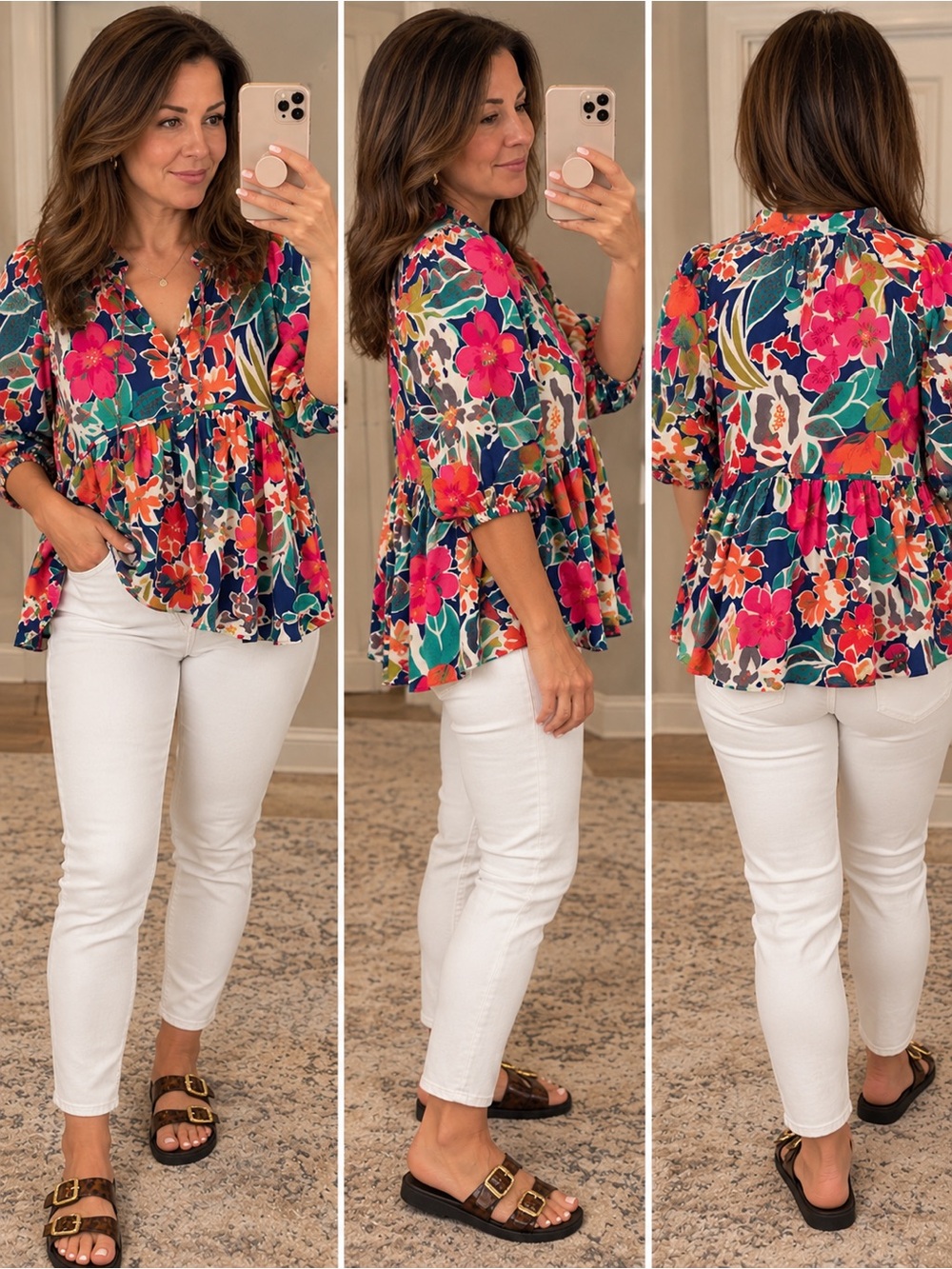 Umgee Navy Floral Peplum Tunic with Pink & Orange Blooms